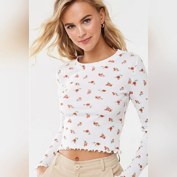 Forever 21 Semi-Cropped Ribbed Floral Print Long Sleeve No Stains, sz Medium - Picture 1 of 15